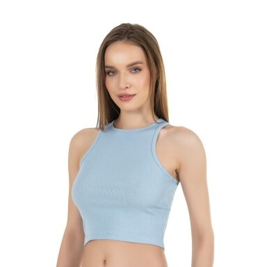 Marškinėliai moteriški Crop top trumpi marskinėliai 26814 melsva Marškinėliai moteriški Crop top trumpi marskinėliai 26814 melsva