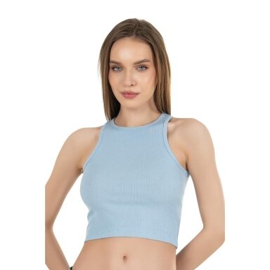 Marškinėliai moteriški Crop top trumpi marskinėliai 26814 melsva Marškinėliai moteriški Crop top trumpi marskinėliai 26814 melsva