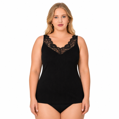 Didesnio dydžio nėriniu puošti moteriški marškinėliai. 2XL-5XL Ozkan 27653 juodi
