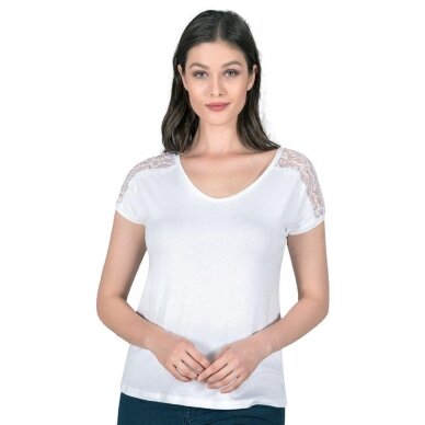 Elegantiški marškinėliai moterims trumpomis rankovėmis trikampiu kaklu iš viskozės Ozkan 25465 balti