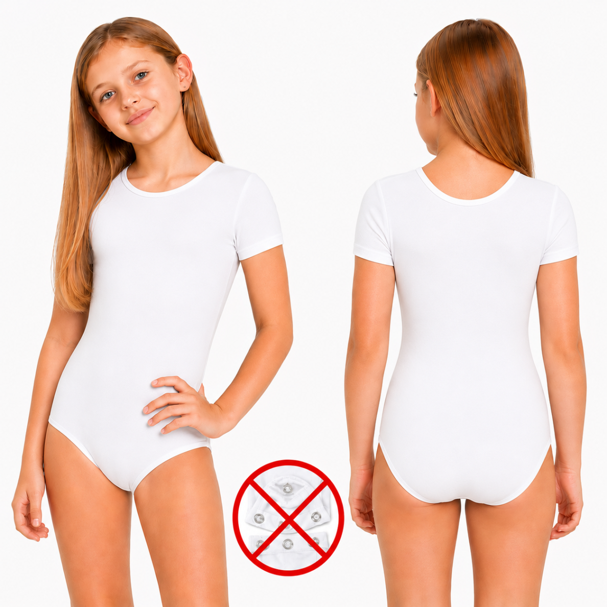 Leotard balta Gymnastic šokių glaustinukė mergaitei, trumpomis rankovėmis, be užsegimo