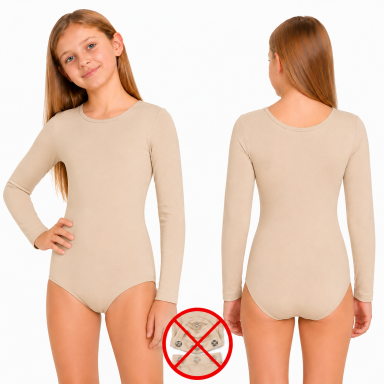 Leotard gimnastikos, šokių glaustinukė mergaitei,ilgomis rankovėmis, be užsegimo, smėlinė
