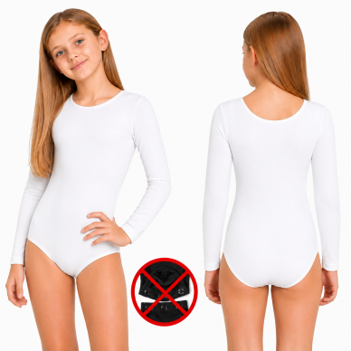 Leotard gimnastikos, šokių glaustinukė mergaitei,ilgomis rankovėmis, be užsegimo, balta Leotard gimnastikos, šokių glaustinukė mergaitei,ilgomis rankovėmis, be užsegimo, balta