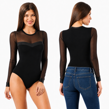 Glaustinukė bodis tinklinėmis rankovėmis Ozkan 22957 juodas Glaustinukė bodis tinklinėmis rankovėmis Ozkan 22957 juodas