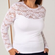 Marškinėliai ilgomis nėrinių- gipiūro rankovėmis  Ozkan 7428 balti