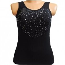 Marškinėliai moterims plačiomis petnešomis iš modalo su "širdute" klijuota stiklo akmenukų aplikacija DI Širdelė juoda