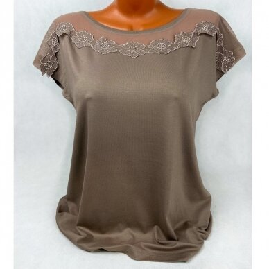 Marškinėliai moteriški trumpomis rankovėmis su tinkleliu Ozkan 22451 rudi