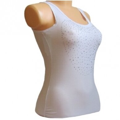 Marškinėliai moterims plačiomis petnešomis iš modalo su "širdute" klijuota stiklo akmenukų aplikacija DI Širdelė balta 1