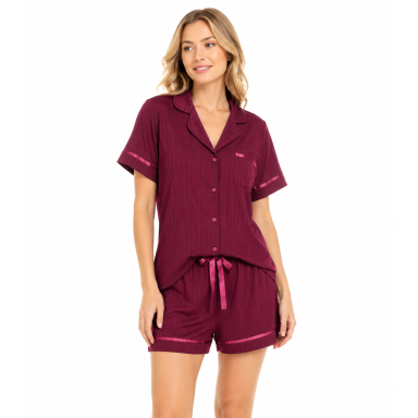 Bordo moteriška satino viskozės pižama su šortukais KOZ-12400-30