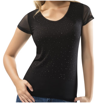 Marškinėliai moteriški tinklinėmis rankovėmis su juodais stiklo akmenukais, juodi Ozkan 22488 1