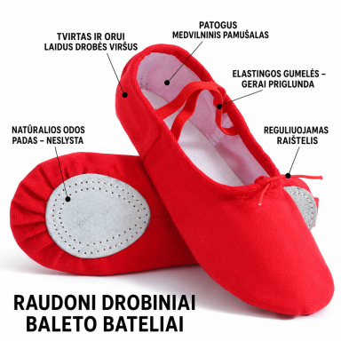 Raudoni drobiniai baleto bateliai su raišteliu Dance 01