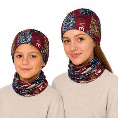 Šilta daugiafunkcė kaklaumautė šalikas, bandana, kepurė 2 vnt. komplektas marga bordo