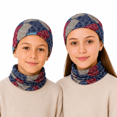 Šilta daugiafunkcė kaklaumautė šalikas, bandana, kepurė 2 vnt. komplektas marga melsva