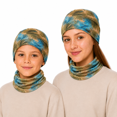 Šilta daugiafunkcė kaklaumautė šalikas, bandana, kepurė 2 vnt. komplektas marga žalsva