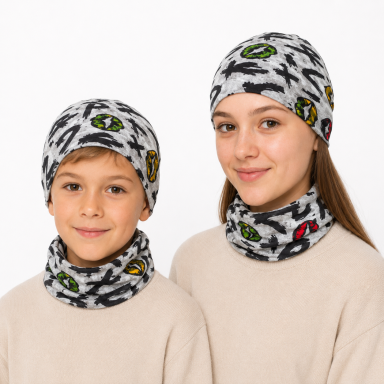 Vaikiška šilta daugiafunkcė kaklaumautė šalikas, bandana, kepurė 2 vnt. komplektas pilka03